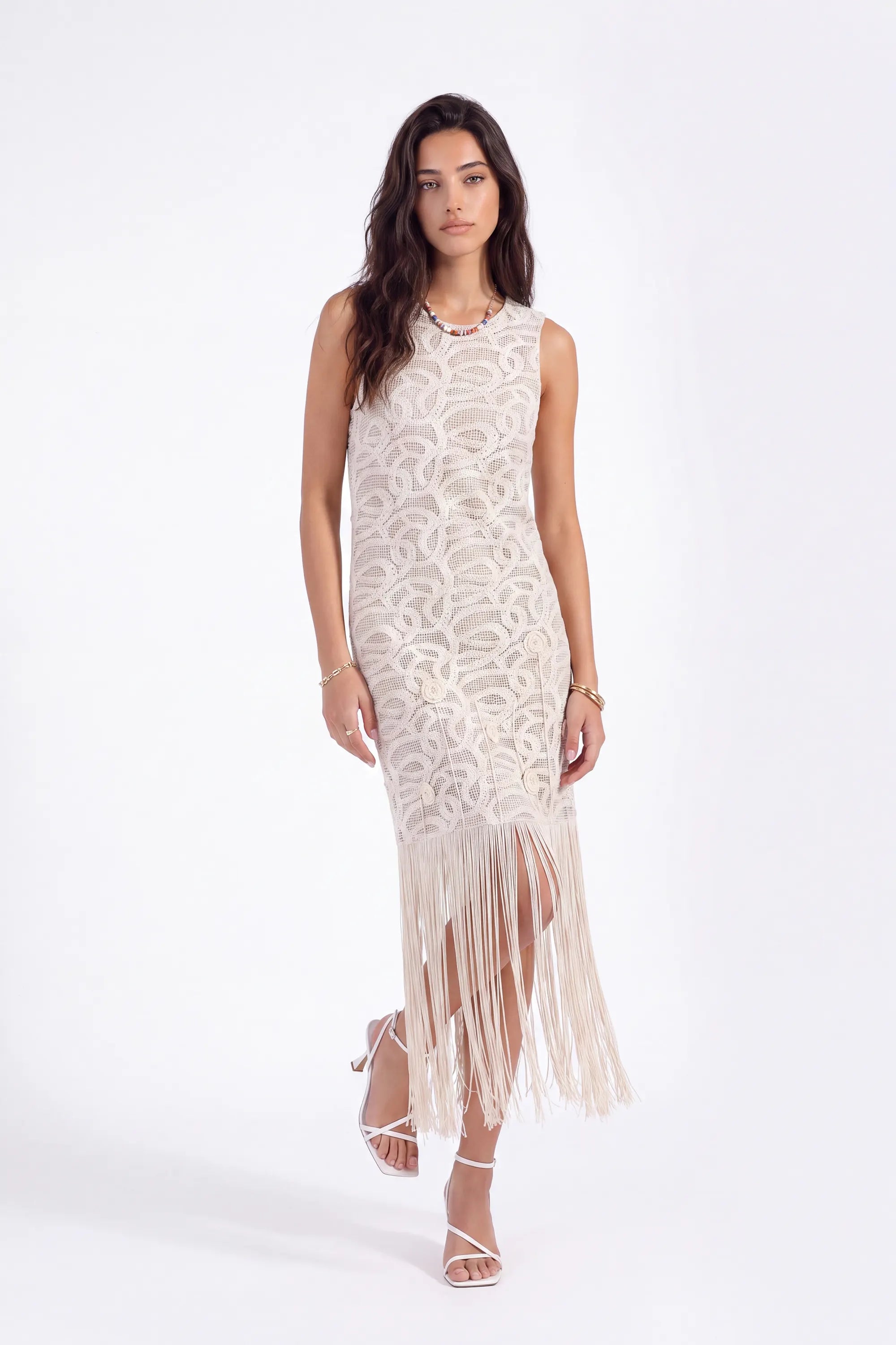 Sleeveless Fringe Hem Lace Vest on model, front view – Elppis 1J6K08715BN