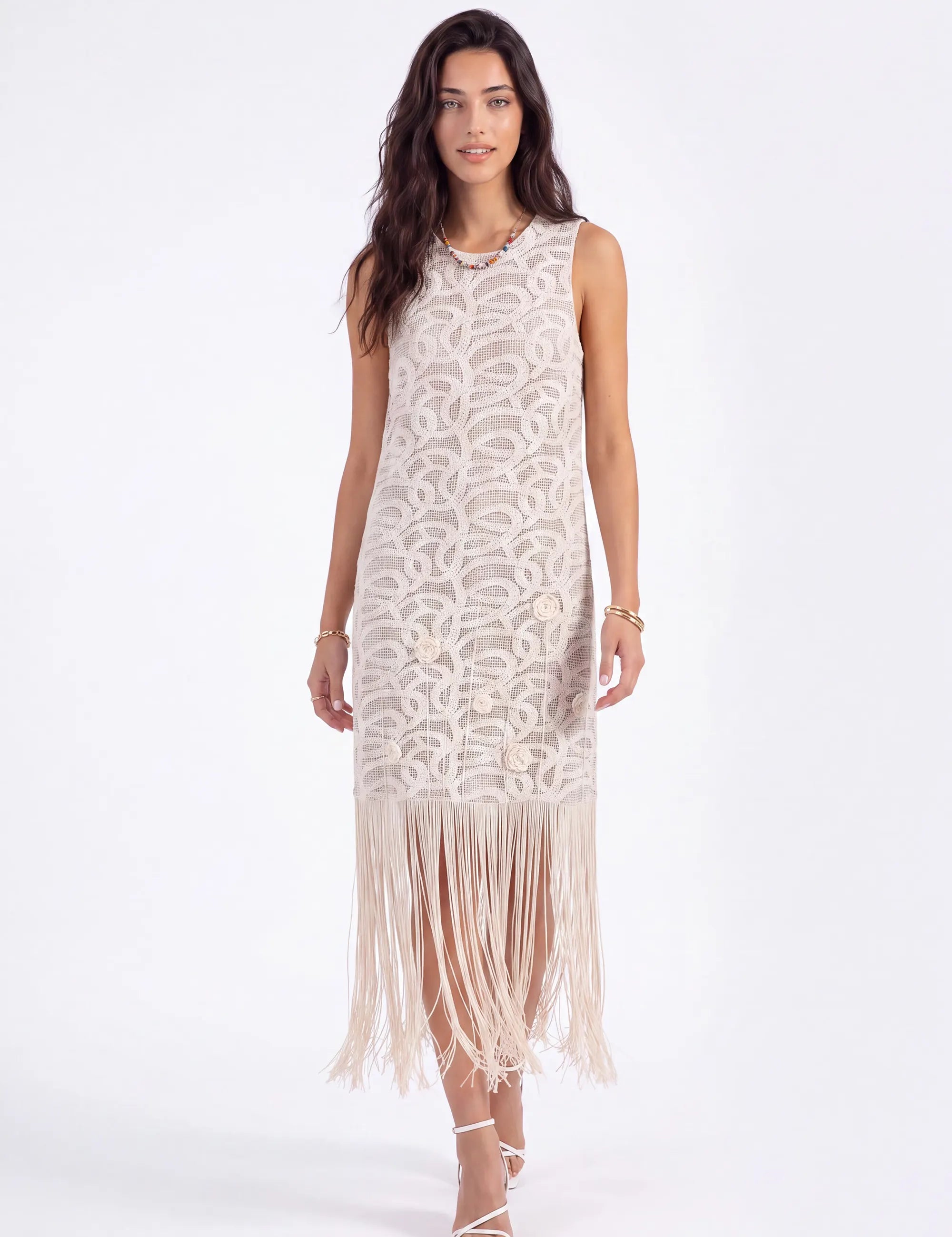 Sleeveless Fringe Hem Lace Vest on model, studio view 2 – Elppis 1J6K08715BN