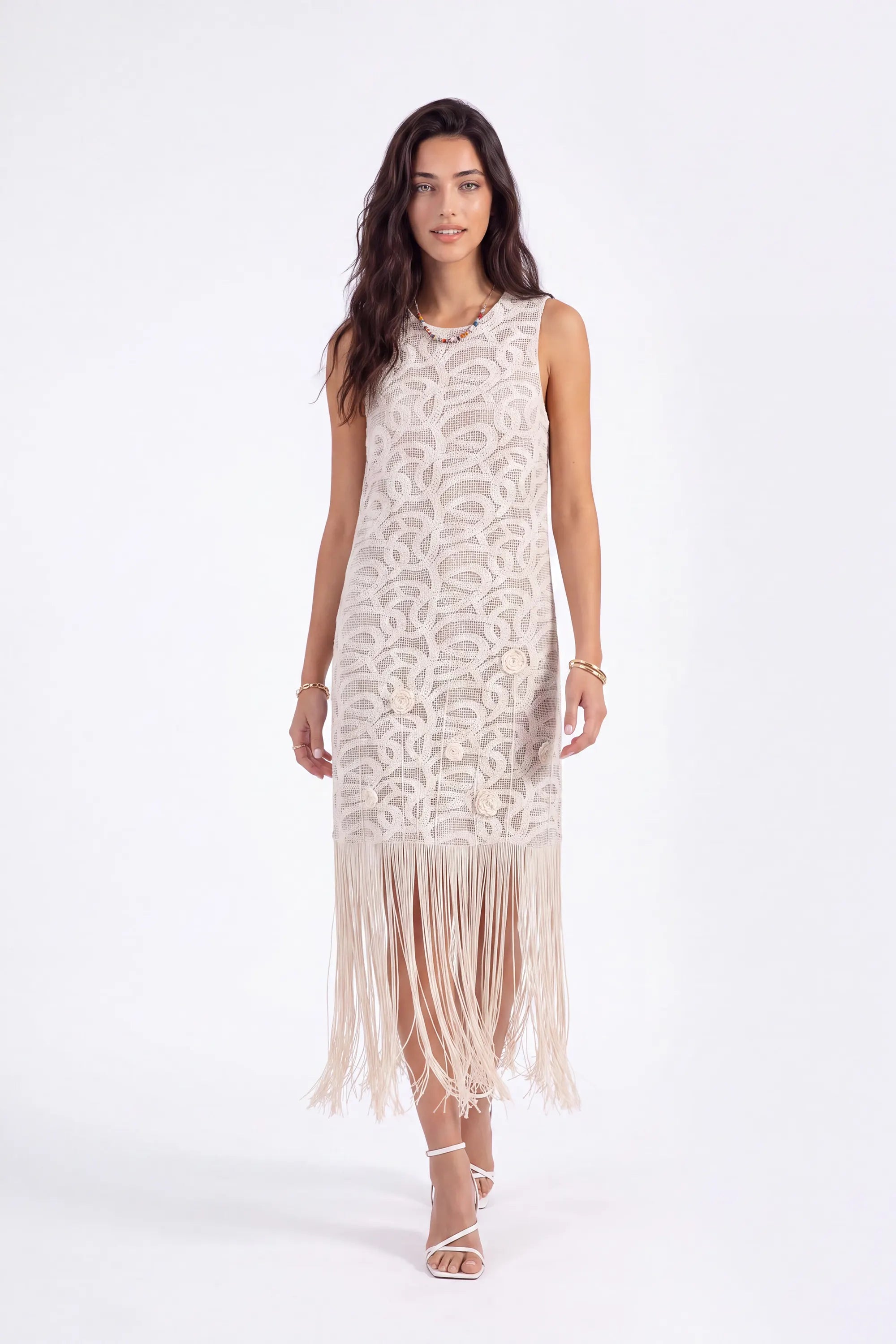 Sleeveless Fringe Hem Lace Vest on model, studio view 2 – Elppis 1J6K08715BN