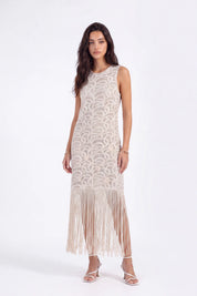 Sleeveless Fringe Hem Lace Vest on model, studio view 3 – Elppis 1J6K08715BN