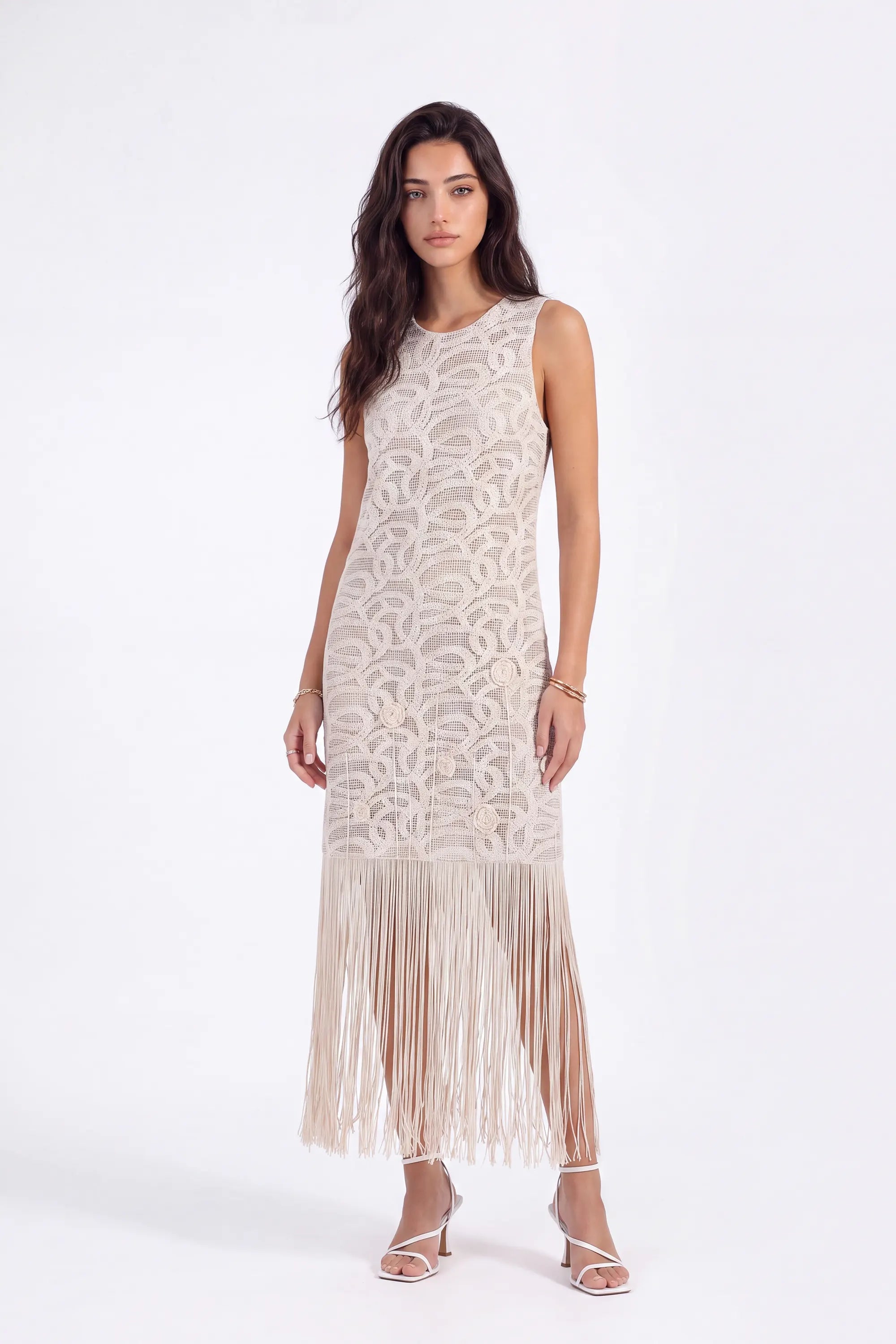 Sleeveless Fringe Hem Lace Vest on model, studio view 3 – Elppis 1J6K08715BN