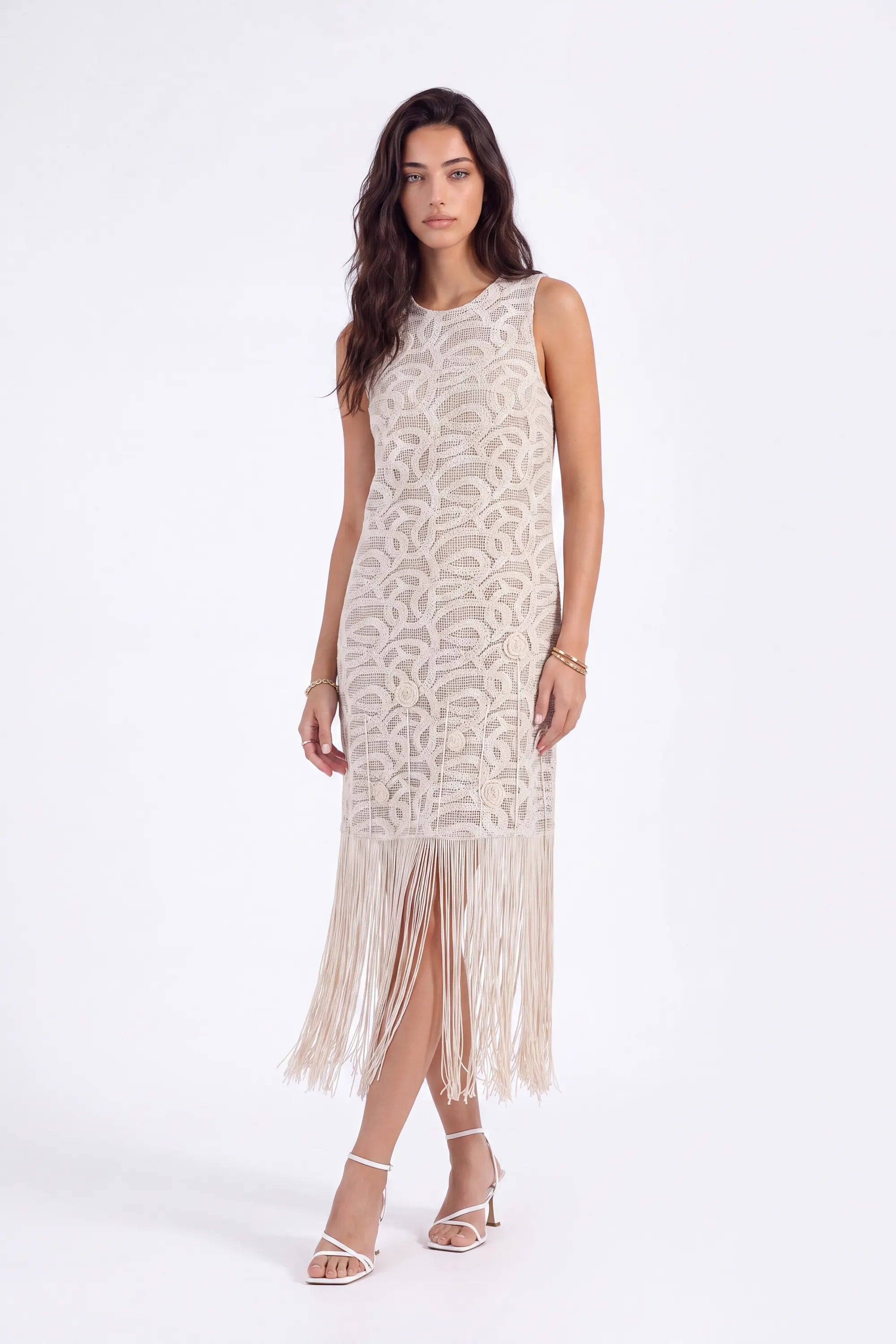 Sleeveless Fringe Hem Lace Vest on model, studio view 4 – Elppis 1J6K08715BN