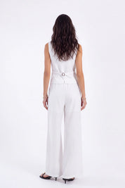 White Tailored Button-Front Sleeveless Vest on model, back view – Elppis 2B5D05442WW