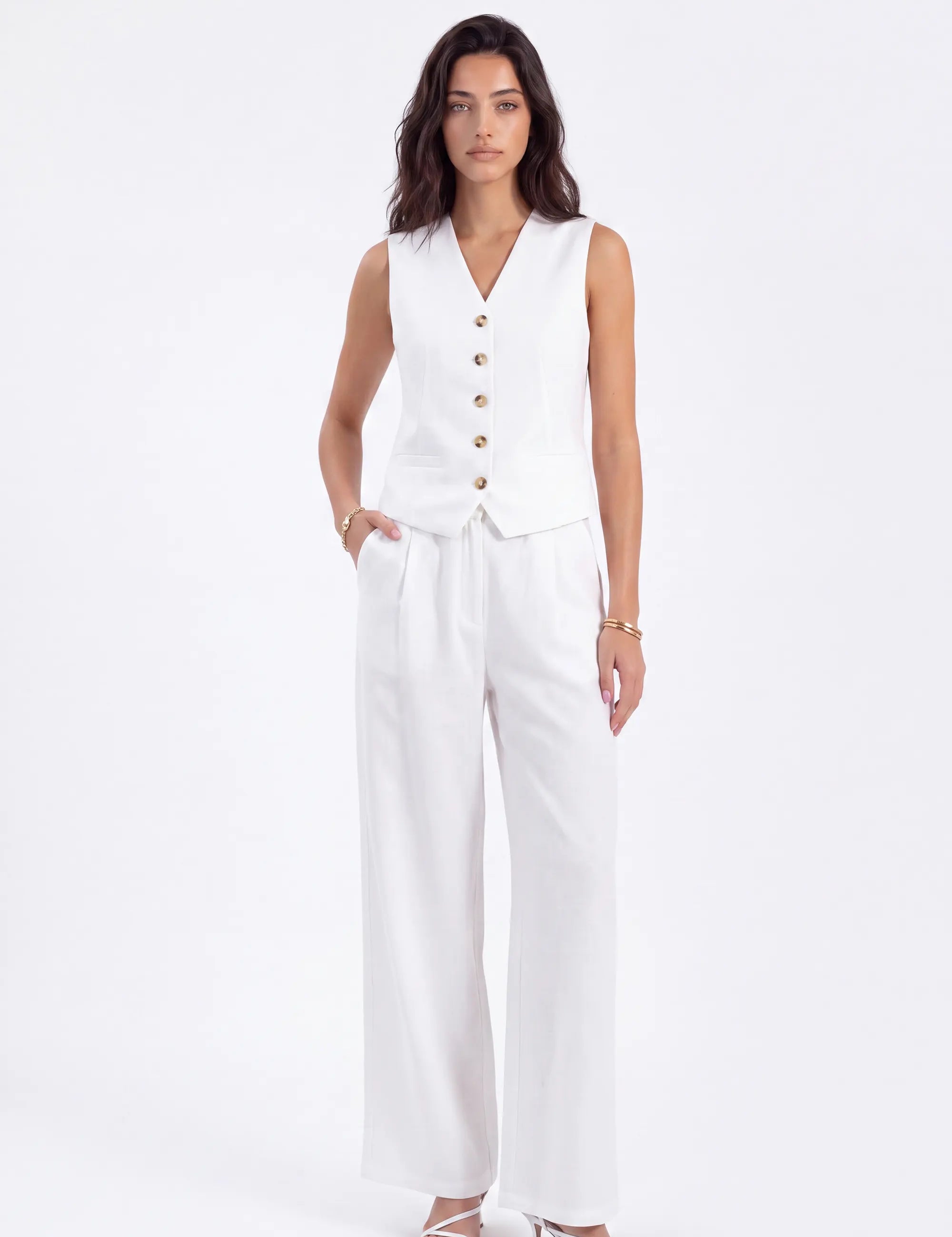 White Tailored Button-Front Sleeveless Vest on model, front view – Elppis 2B5D05442WW