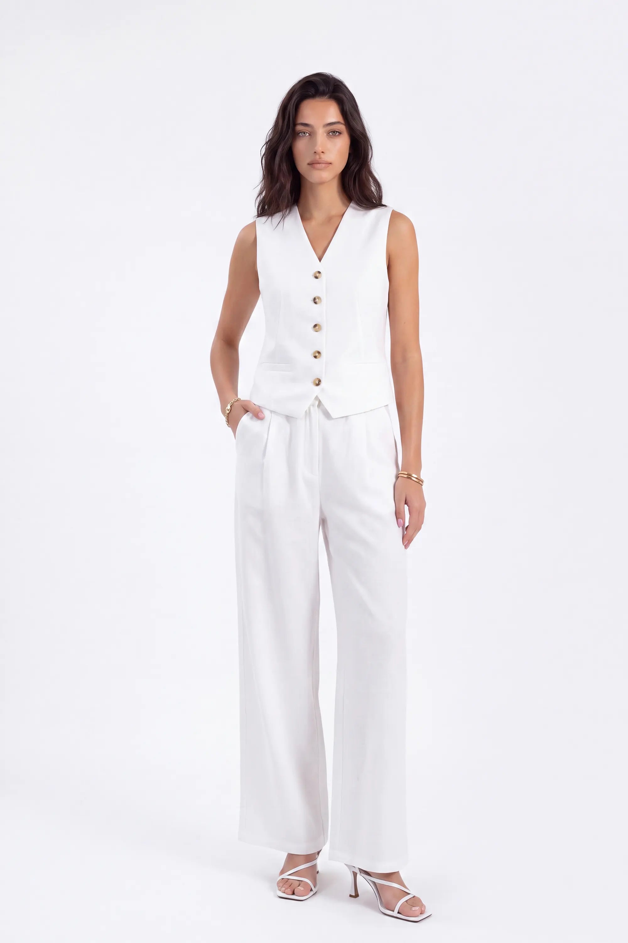 White Tailored Button-Front Sleeveless Vest on model, front view – Elppis 2B5D05442WW