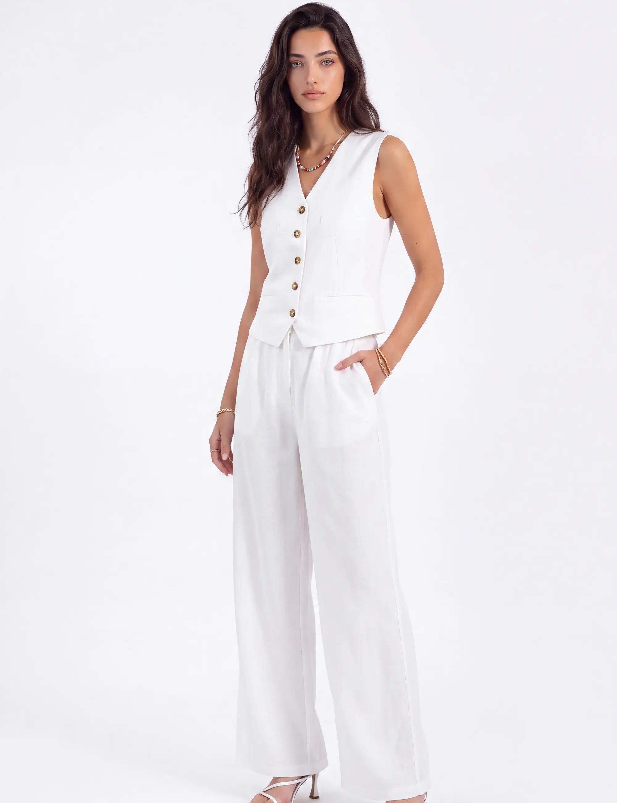White Tailored Button-Front Sleeveless Vest on model, studio view 2 – Elppis 2B5D05442WW