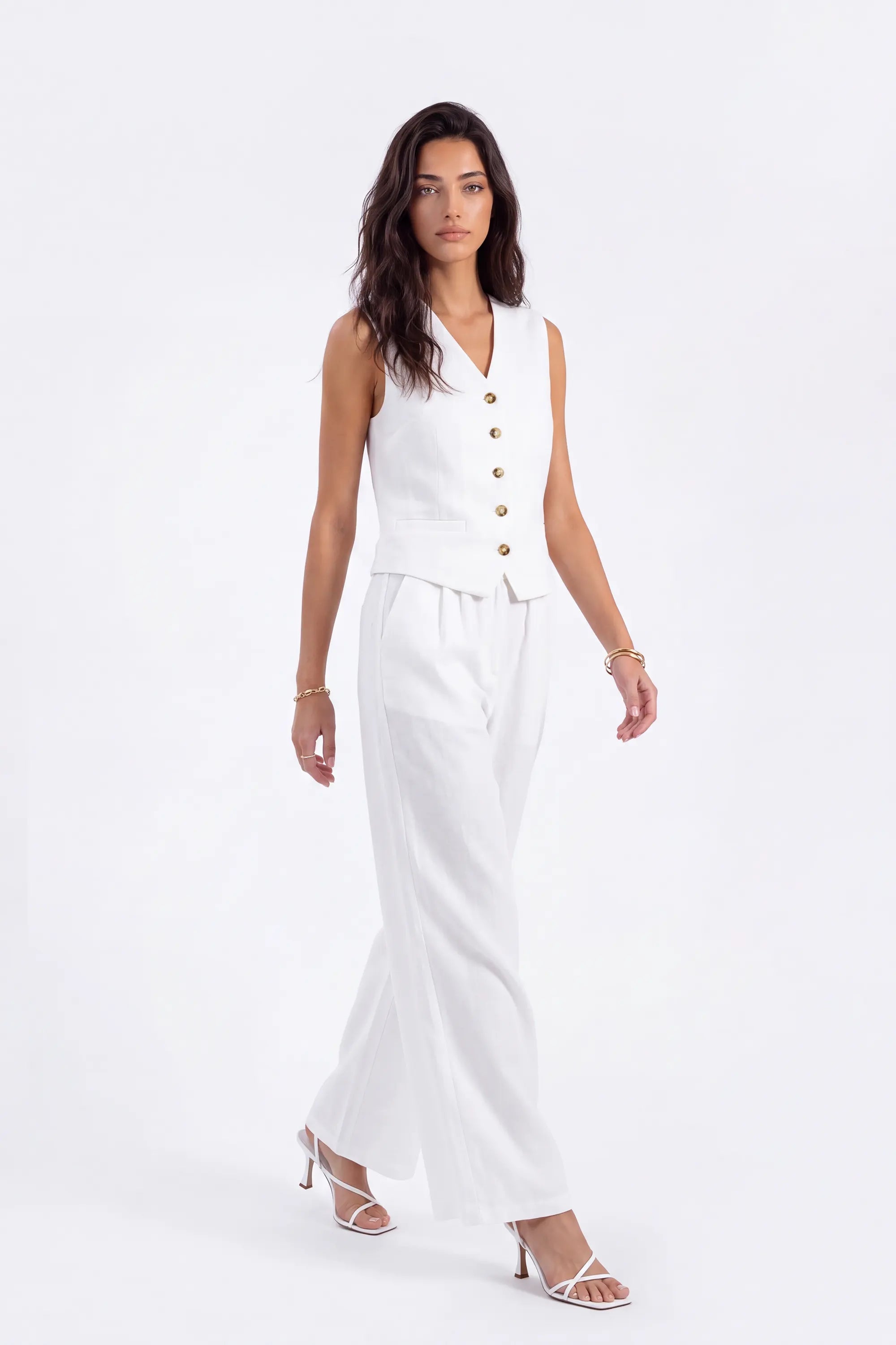 White Tailored Button-Front Sleeveless Vest on model, studio view 4 – Elppis 2B5D05442WW