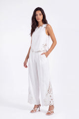 White Sleeveless Top with Cutout Embroidery Detail