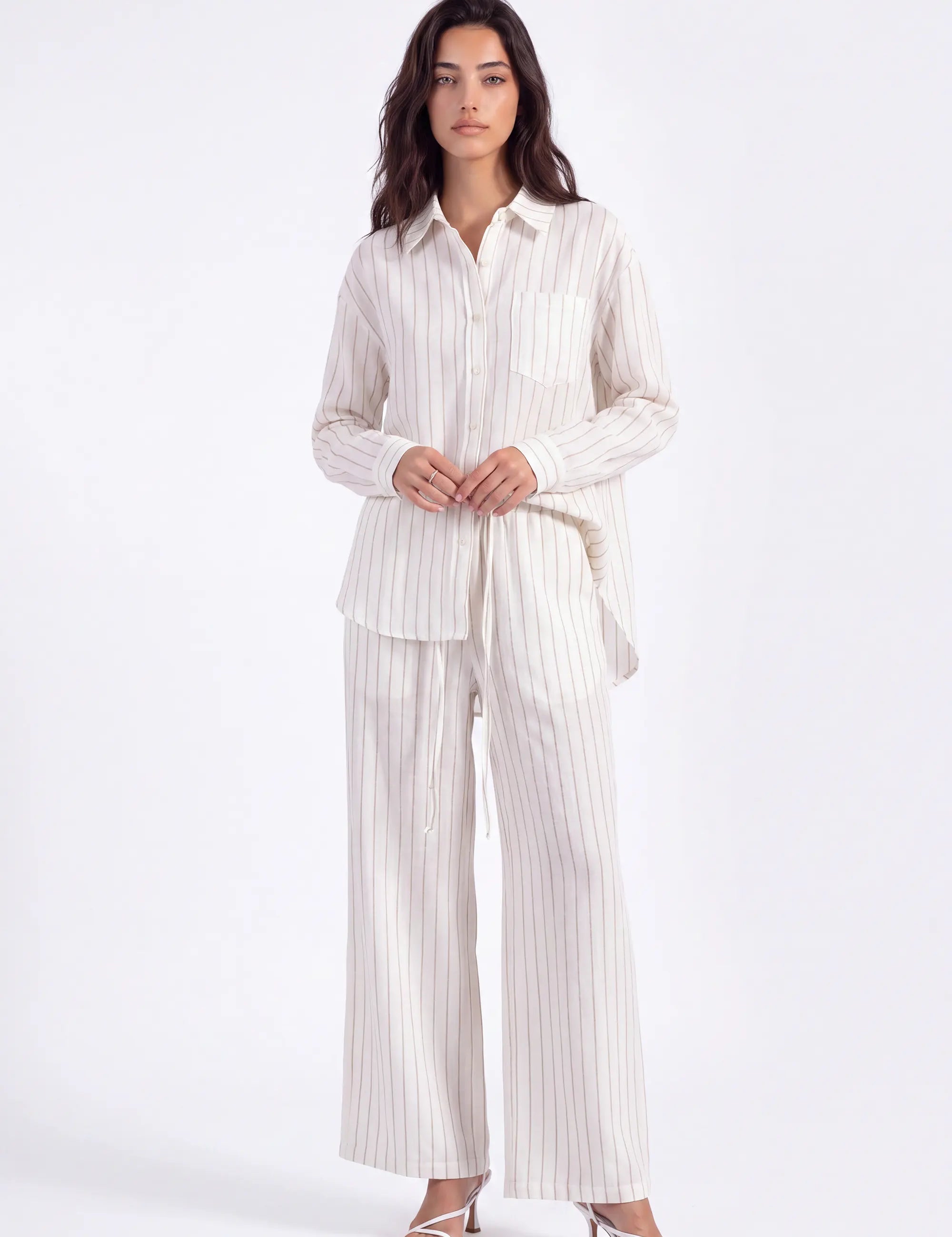 Cream Yarn-Dyed Striped Linen Oversized Long-Sleeve Shirt on model, front view – Elppis 2B5F05882WW