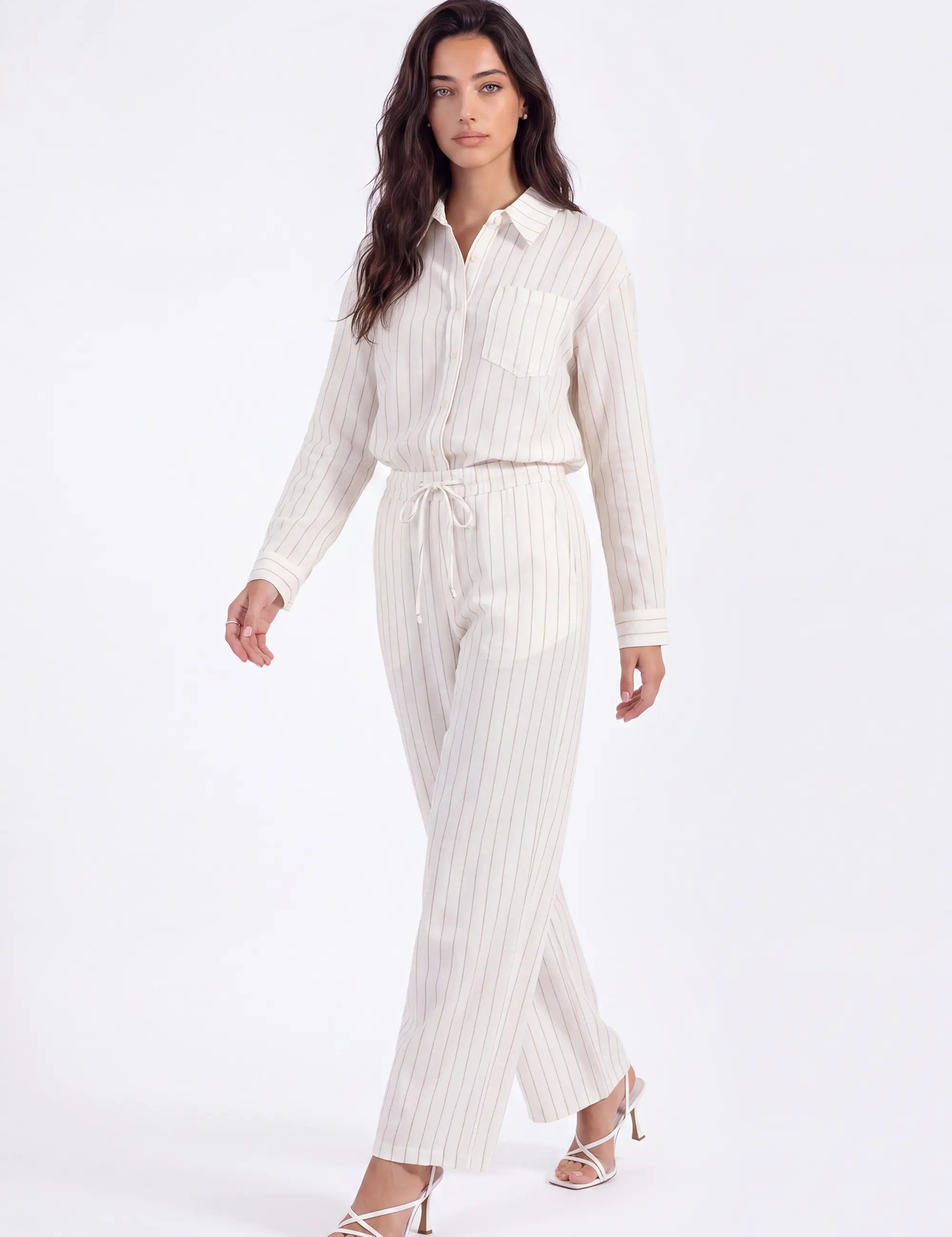 Cream Yarn-Dyed Striped Linen Oversized Long-Sleeve Shirt on model, studio view 2 – Elppis 2B5F05882WW