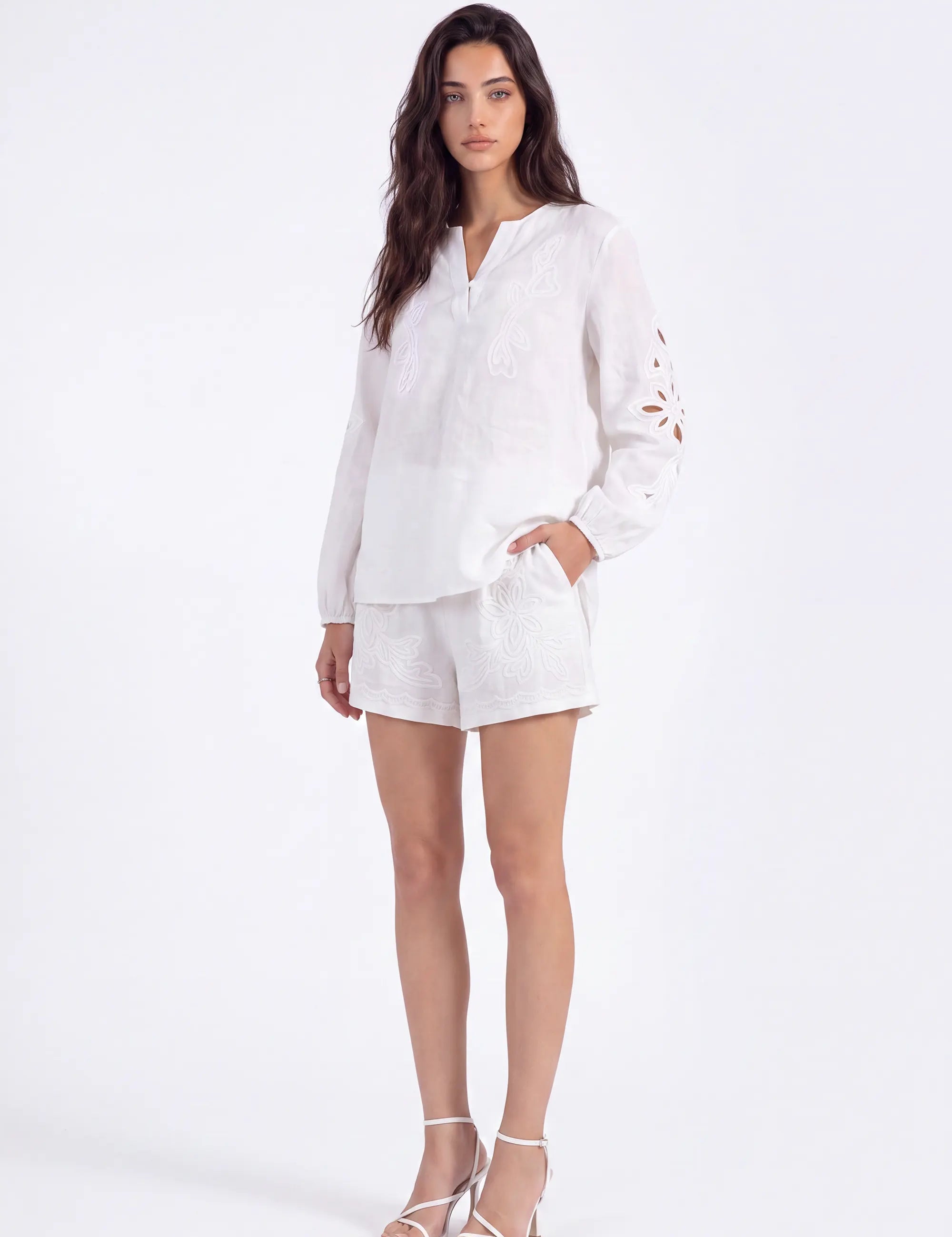 White Cotton Long-Sleeve Embroidered Blouse on model, front view – Elppis 2B5F07012WW