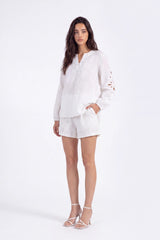 White Cotton Long-Sleeve Embroidered Blouse