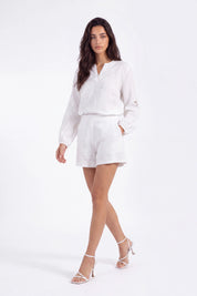 White Cotton Long-Sleeve Embroidered Blouse on model, studio view 2 – Elppis 2B5F07012WW