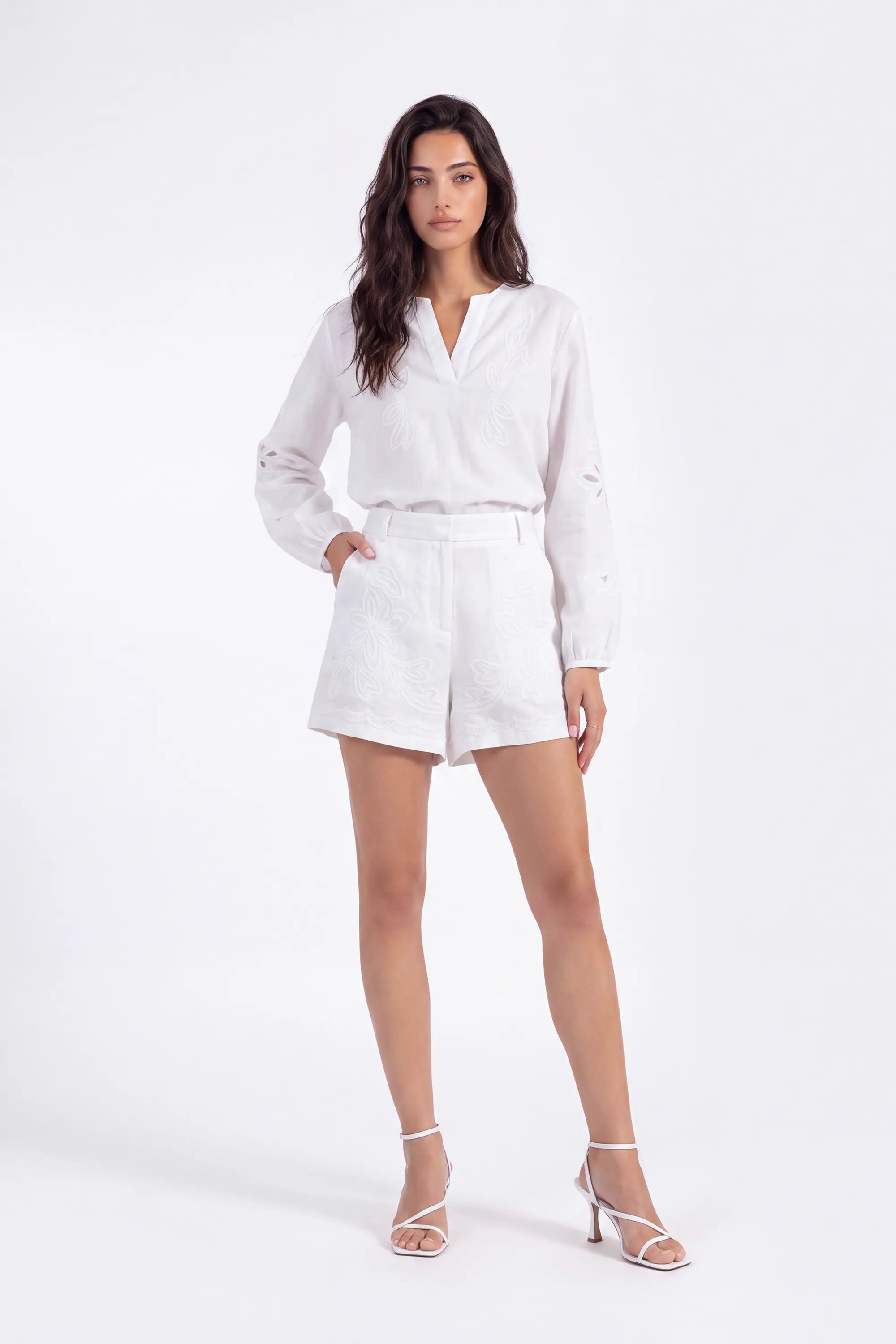 White Cotton Long-Sleeve Embroidered Blouse on model, studio view 4 – Elppis 2B5F07012WW