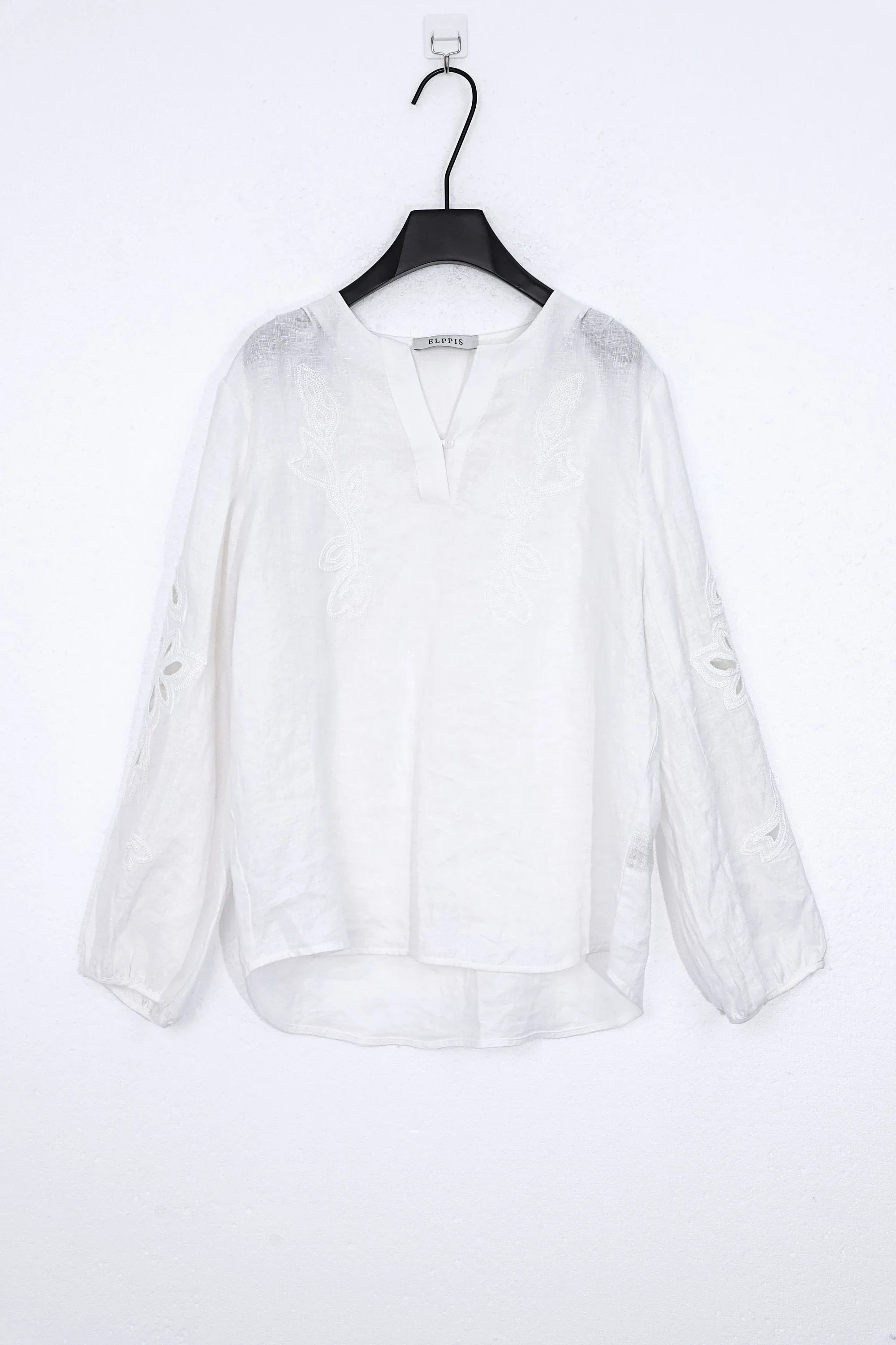 White Cotton Long-Sleeve Embroidered Blouse product view – Elppis 2B5F07012WW