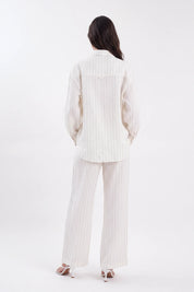 Cream Yarn-Dyed Striped Linen Wide-Leg Pants on model, back view – Elppis 2B5I05909WW