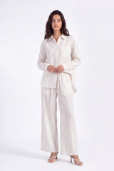 Cream Yarn-Dyed Striped Linen Wide-Leg Pants