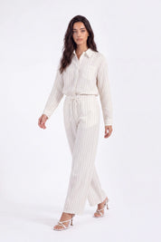 Cream Yarn-Dyed Striped Linen Wide-Leg Pants on model, studio view 2 – Elppis 2B5I05909WW