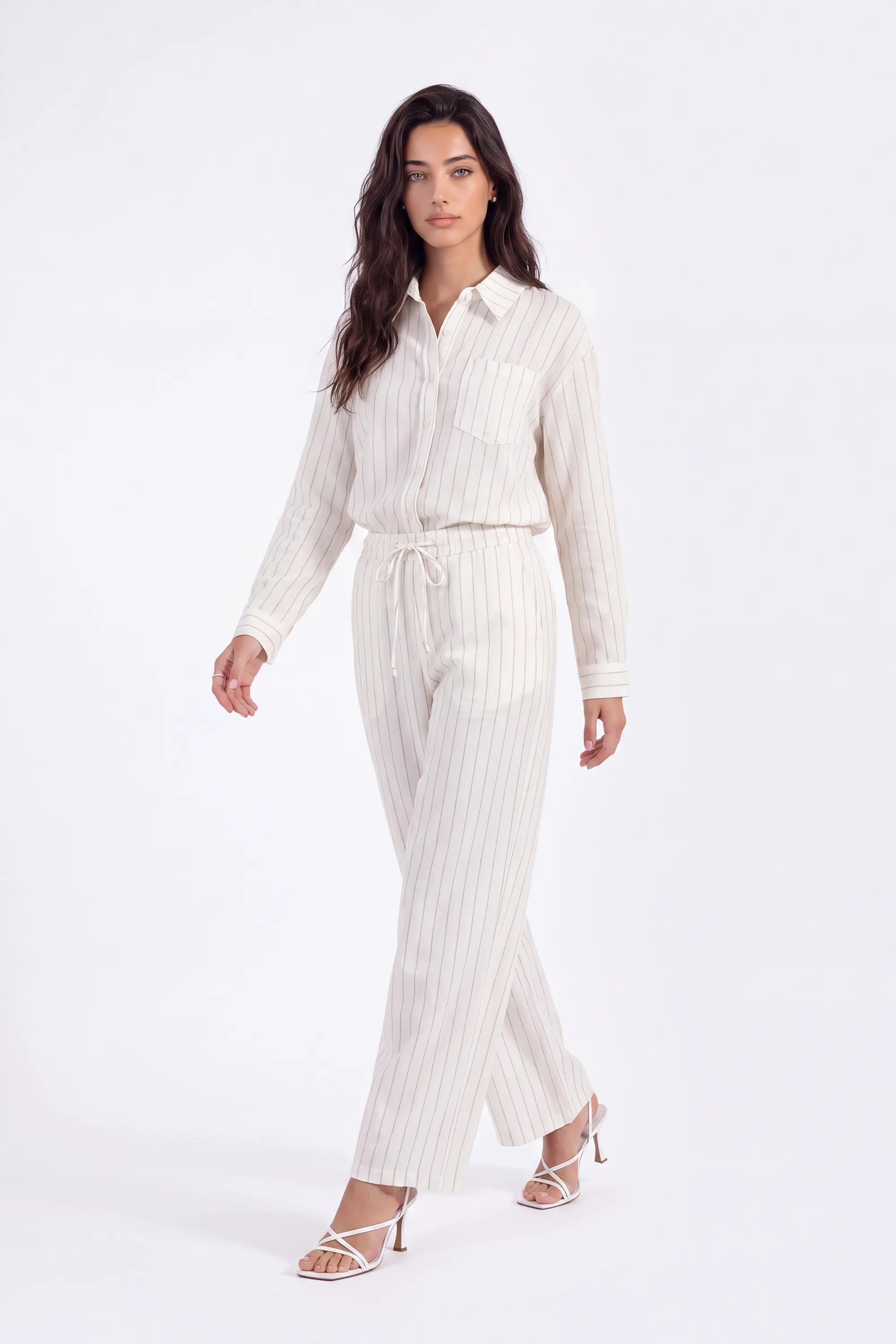 Cream Yarn-Dyed Striped Linen Wide-Leg Pants on model, studio view 2 – Elppis 2B5I05909WW