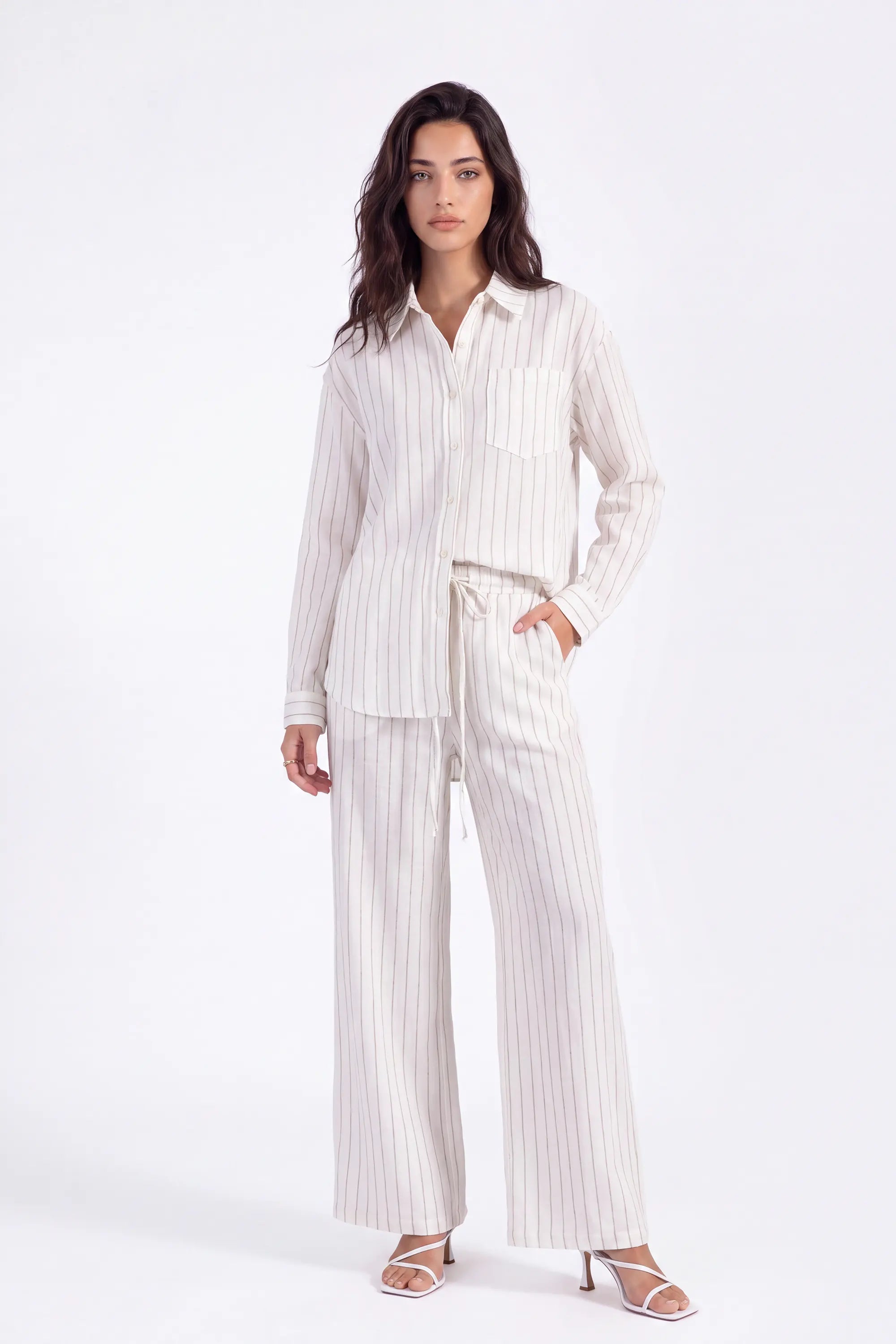 Cream Yarn-Dyed Striped Linen Wide-Leg Pants on model, studio view 3 – Elppis 2B5I05909WW