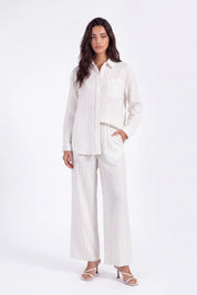 Cream Yarn-Dyed Striped Linen Wide-Leg Pants on model, studio view 4 – Elppis 2B5I05909WW