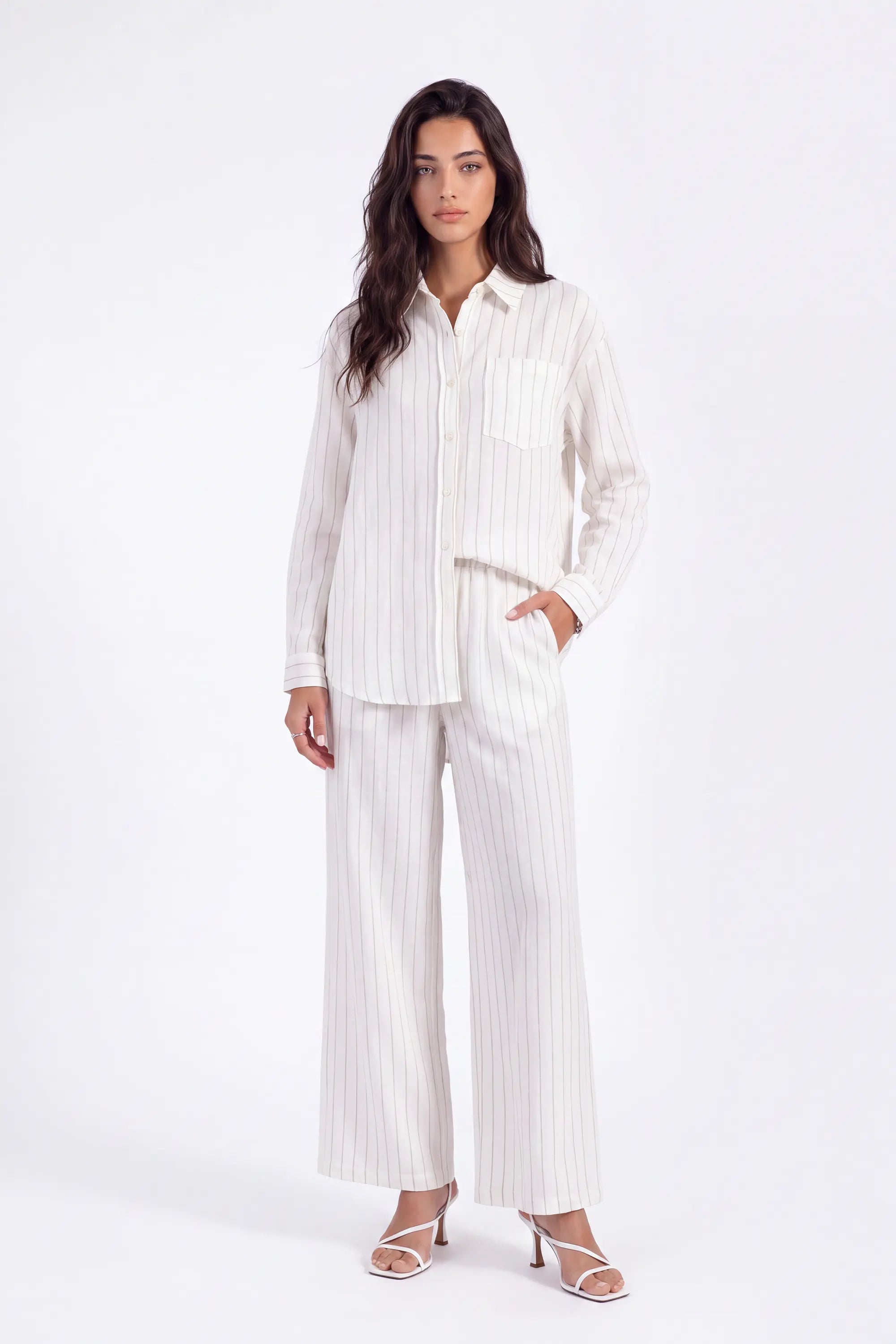 Cream Yarn-Dyed Striped Linen Wide-Leg Pants on model, studio view 4 – Elppis 2B5I05909WW