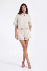 Beige Palm Tree Embroidered Short-Sleeve Shirt with Loop Trim