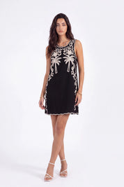 Black Sleeveless Shift Dress with Cream Palm Tree Embroidery on model, front view – Elppis 2T5D02702JJ