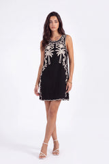 Black Sleeveless Shift Dress with Cream Palm Tree Embroidery
