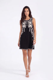 Black Sleeveless Shift Dress with Cream Palm Tree Embroidery on model, studio view 3 – Elppis 2T5D02702JJ