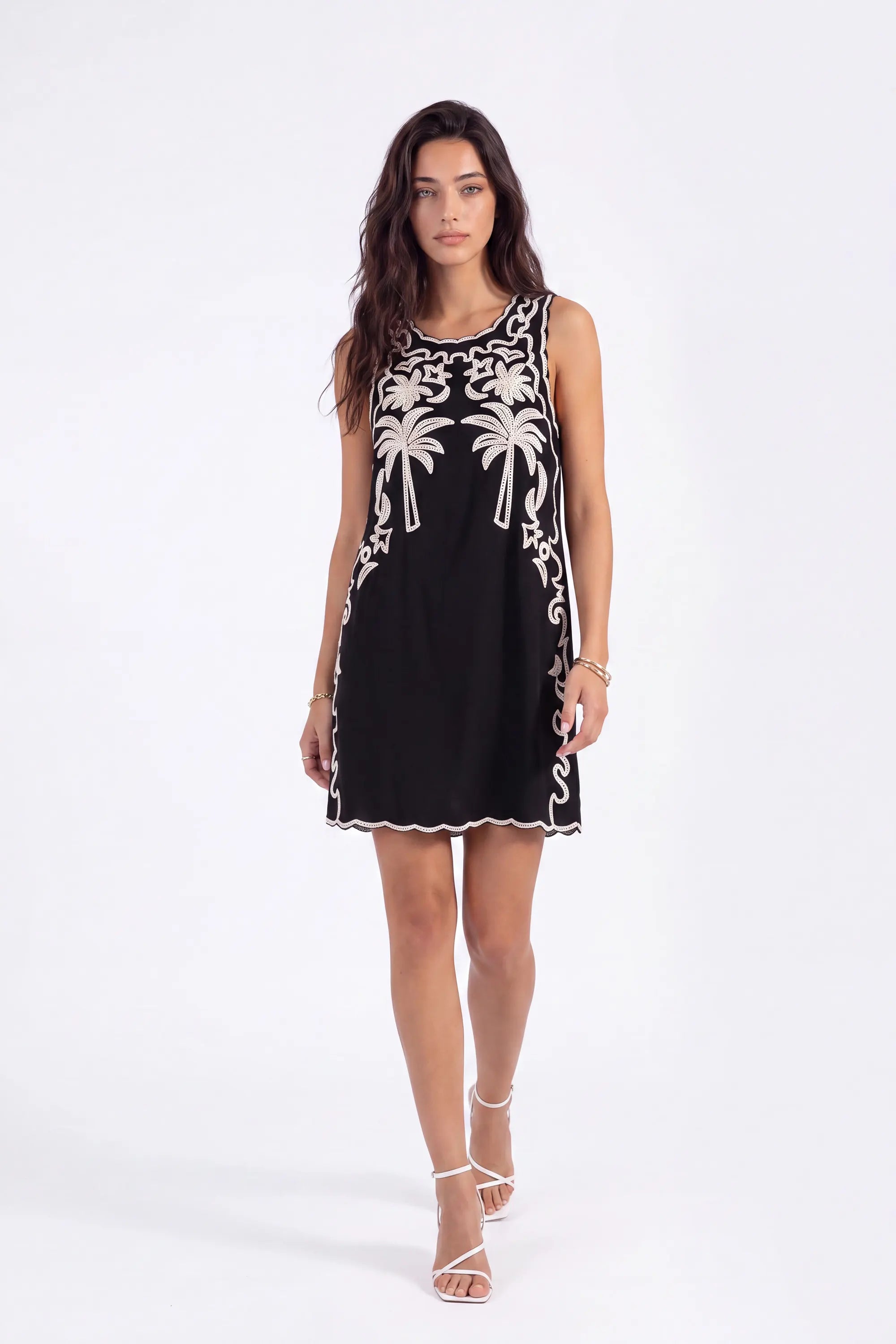 Black Sleeveless Shift Dress with Cream Palm Tree Embroidery on model, studio view 3 – Elppis 2T5D02702JJ