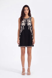 Black Sleeveless Shift Dress with Cream Palm Tree Embroidery on model, studio view 4 – Elppis 2T5D02702JJ