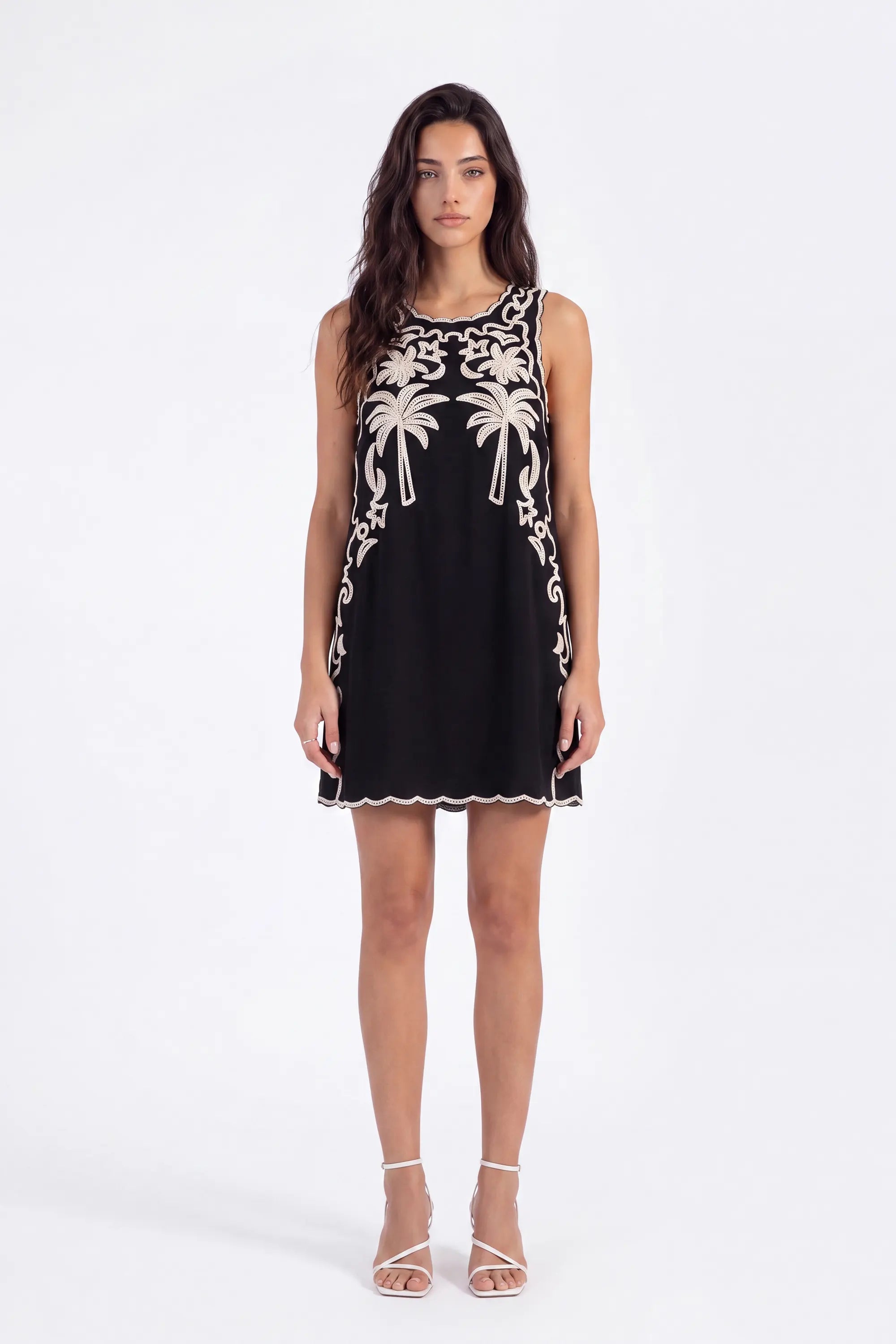 Black Sleeveless Shift Dress with Cream Palm Tree Embroidery on model, studio view 4 – Elppis 2T5D02702JJ