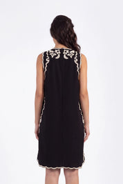 Black Sleeveless Shift Dress with Cream Palm Tree Embroidery on model, studio view 5 – Elppis 2T5D02702JJ