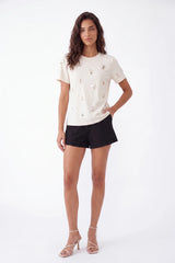 Cream Crew Neck T-Shirt with Shell and Pearl Embellishments