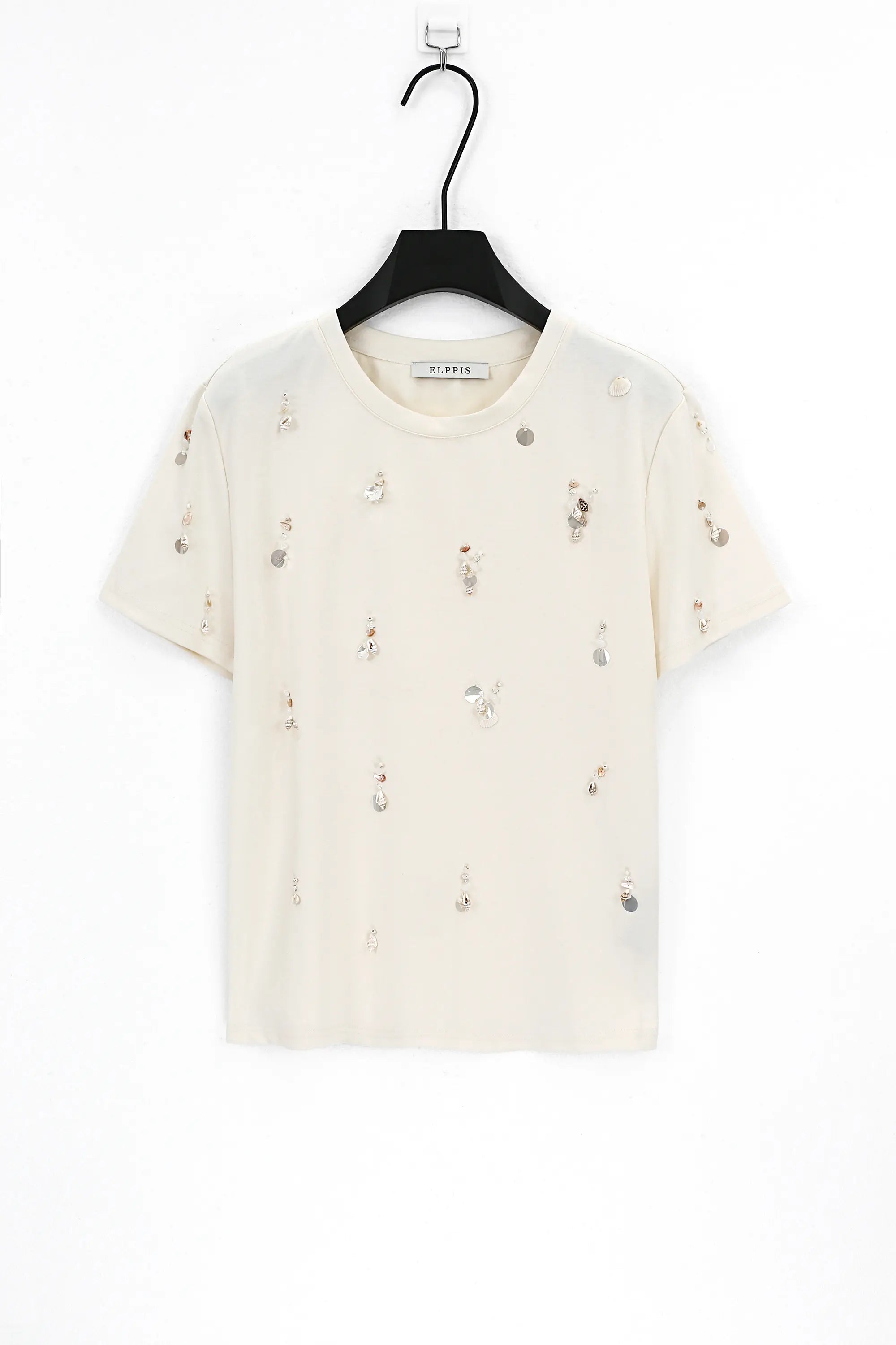 Cream Crew Neck T-Shirt with Shell and Pearl Embellishments product detail 1 – Elppis 3B5E05699WW