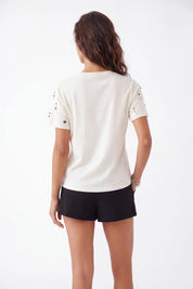 Cream Crew Neck T-Shirt with Shell and Pearl Embellishments on model, studio view 4 – Elppis 3B5E05699WW