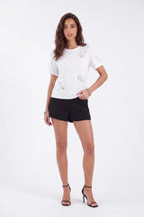 White Crew Neck T-Shirt with 3D Floral Cutout Embroidery