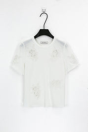 White Crew Neck T-Shirt with 3D Floral Cutout Embroidery product detail 1 – Elppis 3B5E05720WW