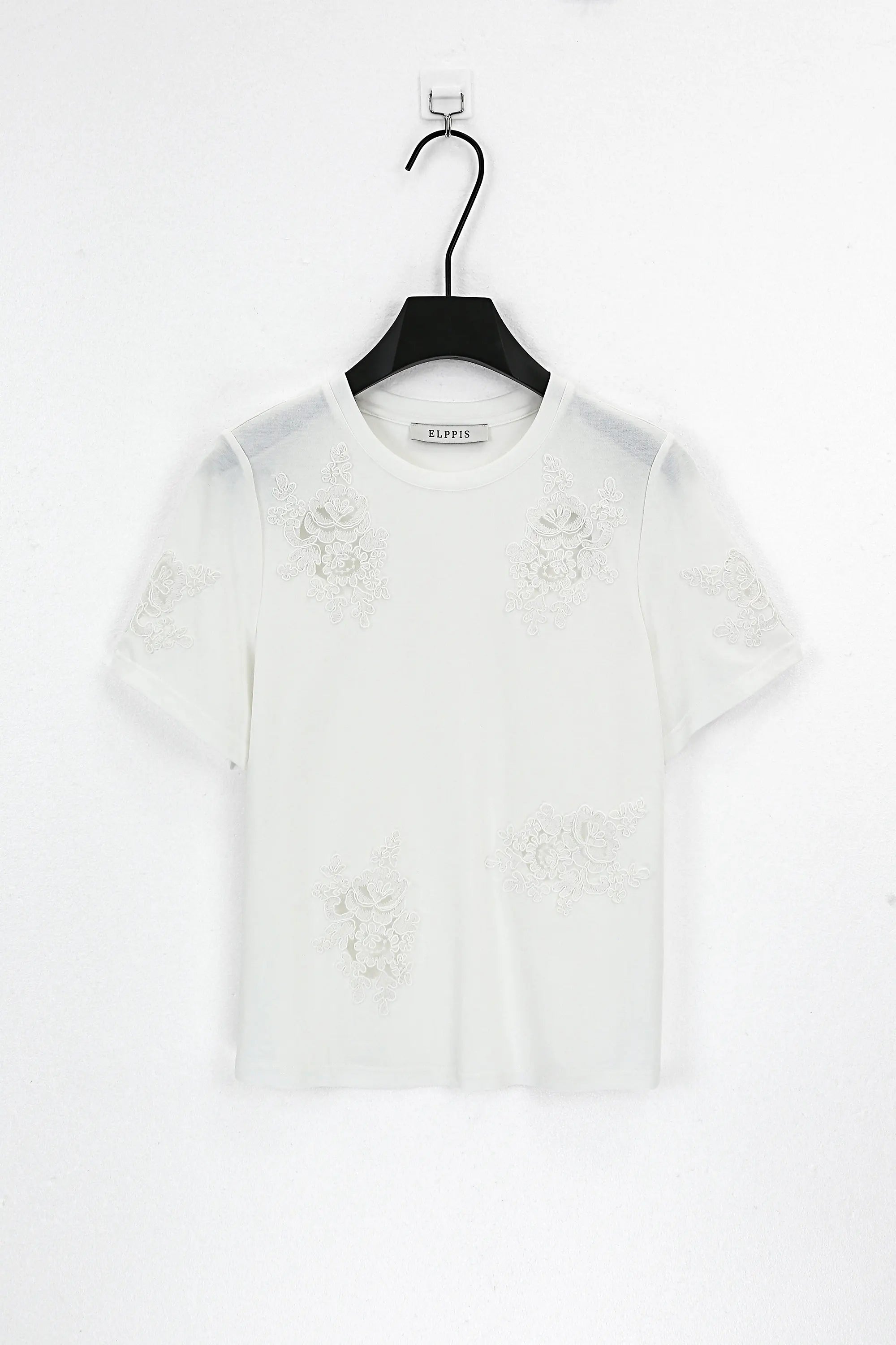 White Crew Neck T-Shirt with 3D Floral Cutout Embroidery product detail 1 – Elppis 3B5E05720WW