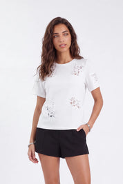 White Crew Neck T-Shirt with 3D Floral Cutout Embroidery on model, studio view 3 – Elppis 3B5E05720WW