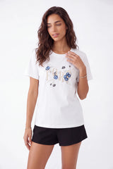 White Crew Neck T-Shirt with Paris Floral Sequin Embroidery
