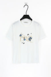 White Crew Neck T-Shirt with Paris Floral Sequin Embroidery product detail 1 – Elppis 3B5E06614WW