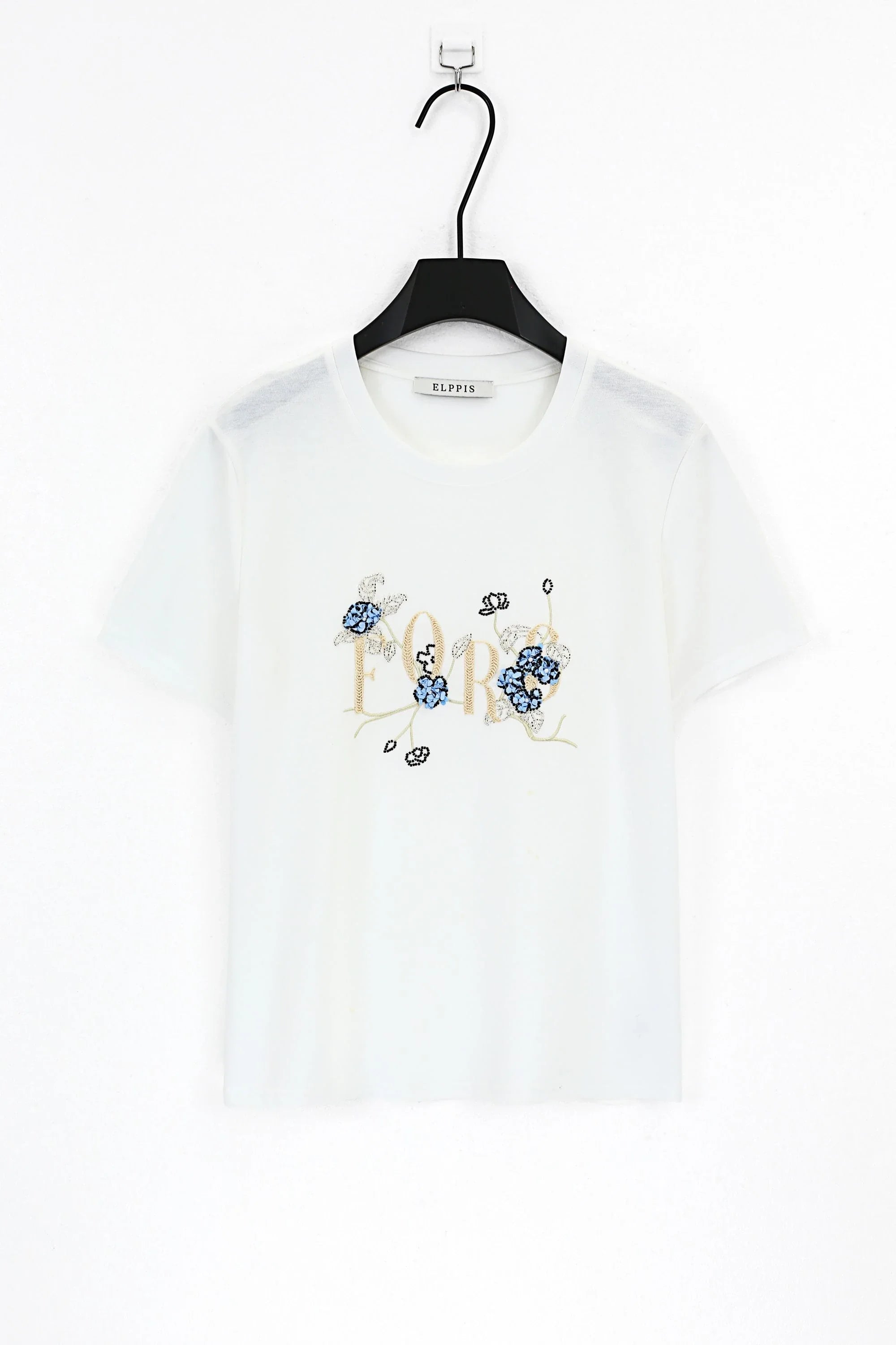 White Crew Neck T-Shirt with Paris Floral Sequin Embroidery product detail 1 – Elppis 3B5E06614WW