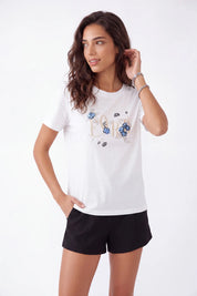 White Crew Neck T-Shirt with Paris Floral Sequin Embroidery on model, studio view 2 – Elppis 3B5E06614WW