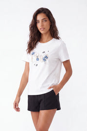 White Crew Neck T-Shirt with Paris Floral Sequin Embroidery on model, studio view 3 – Elppis 3B5E06614WW