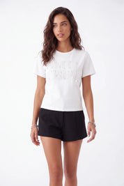 White Embellished Crew Neck T-Shirt on model, front view – Elppis 3B5E06617WW