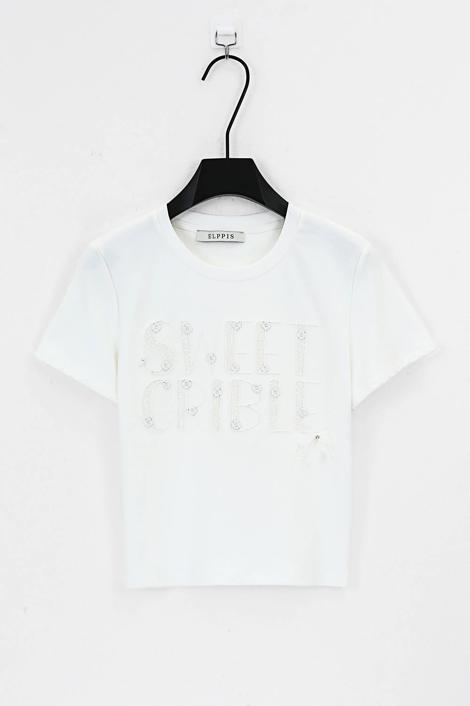 White Embellished Crew Neck T-Shirt product detail 1 – Elppis 3B5E06617WW