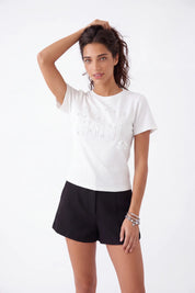 White Embellished Crew Neck T-Shirt on model, studio view 4 – Elppis 3B5E06617WW