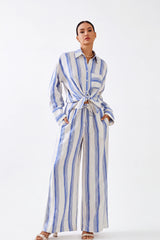 Blue and White Striped Linen Wide-Leg Trousers